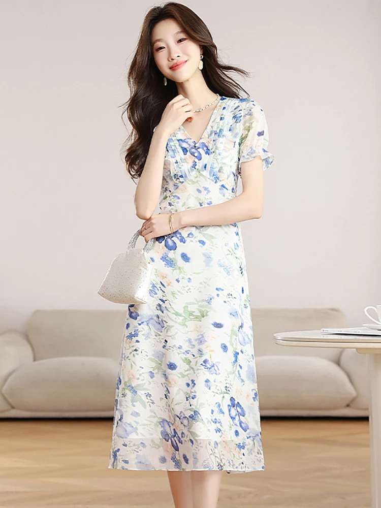 

Пляжное платье миди из шифона с синим цветочным принтом 2026 года, женское, с пышными рукавами, плиссированное, с V-образным вырезом, повседневное, летнее, корейское, элегантное, для вечеринок