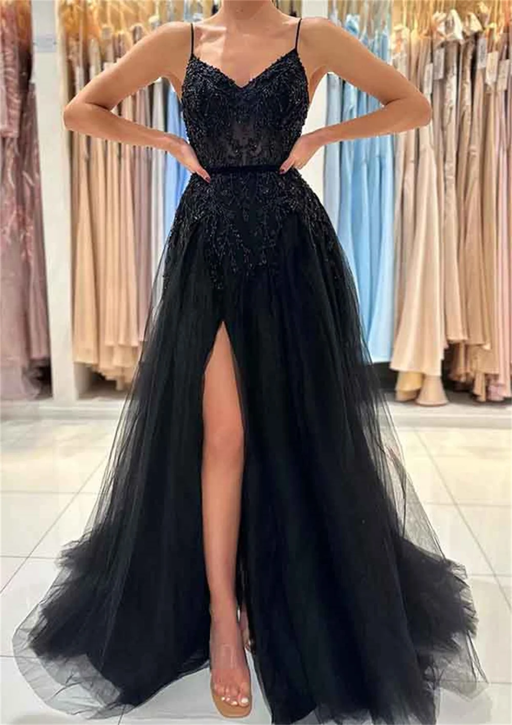 Annie Black Spaghetti Straps Prom Dresses Beaded Tulle Side Slits Evening Dresses A-shaped Elegant Wedding Party Dress