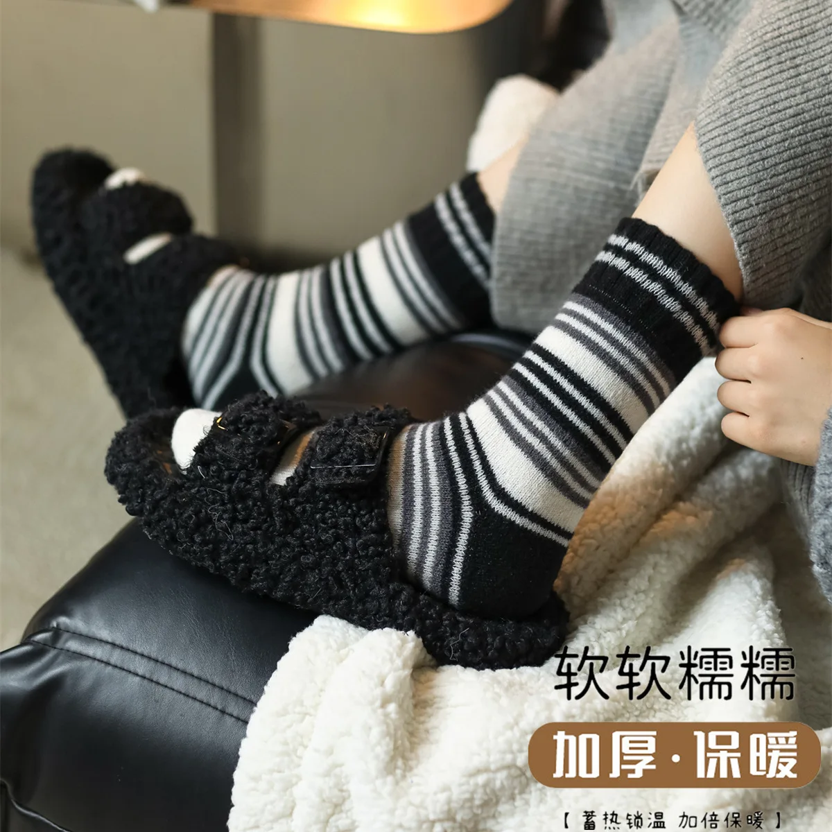 Sock Leisure Ankle Crew Fuzzy Extra-thick thigh-high Autumn Winter Wool Women Thickened Fleece Warm Looped Cashmere 8W111