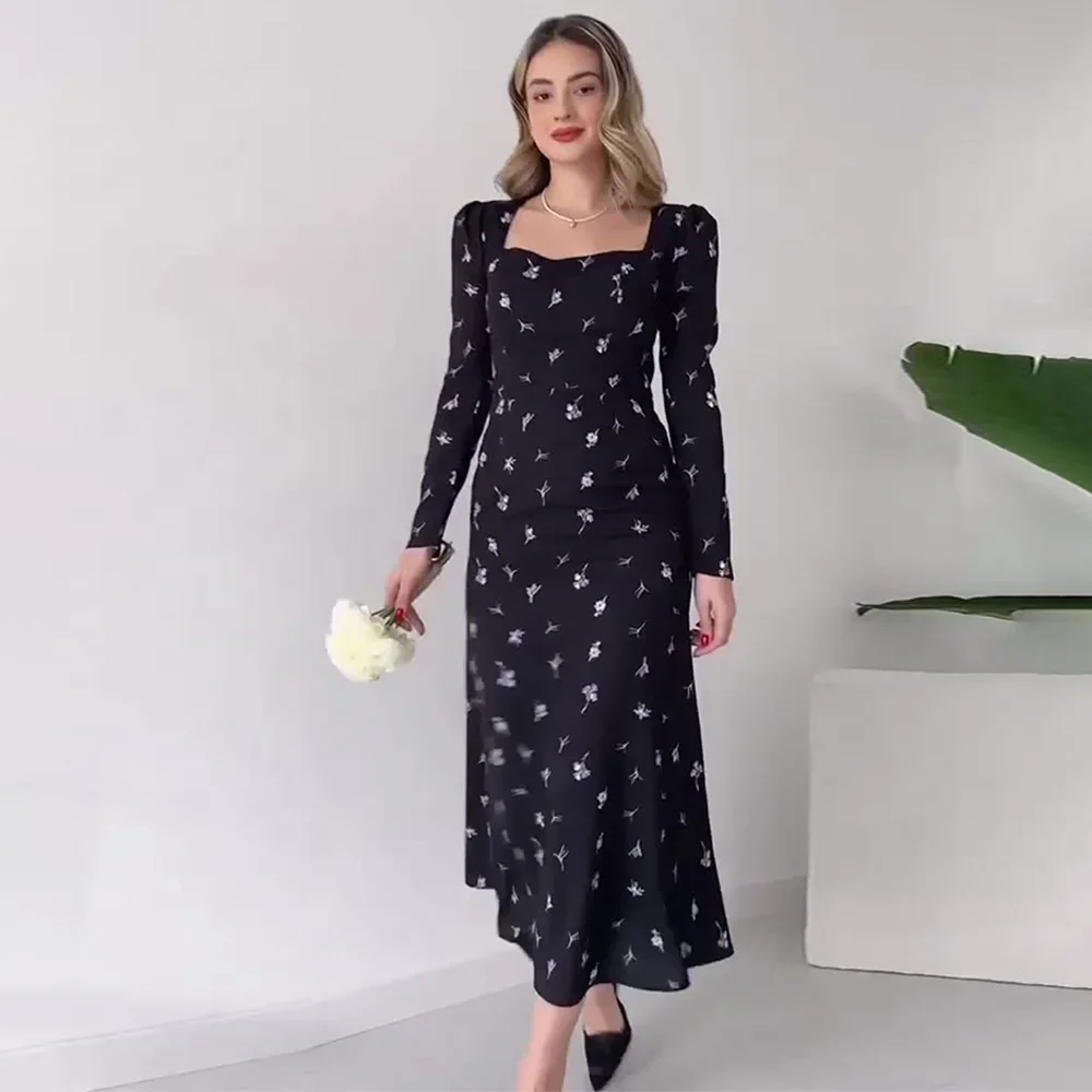 Abiti da donna con stampa slim moda donna elegante colletto quadrato manica lunga abito alla caviglia abito casual a vita alta femminile