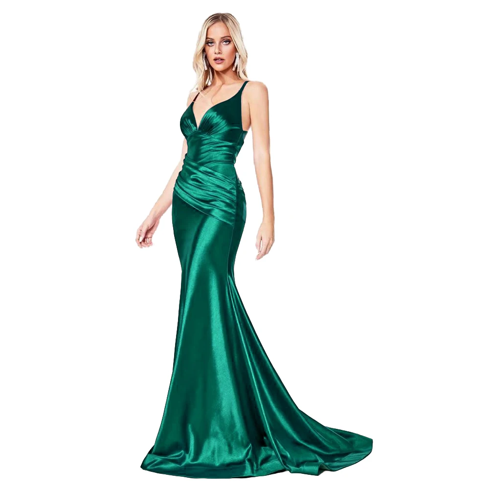 

Summer Deep V Neck Backless Pleated Satin Maxi Dress Evening Party Mermaid Fishtail Stretchy