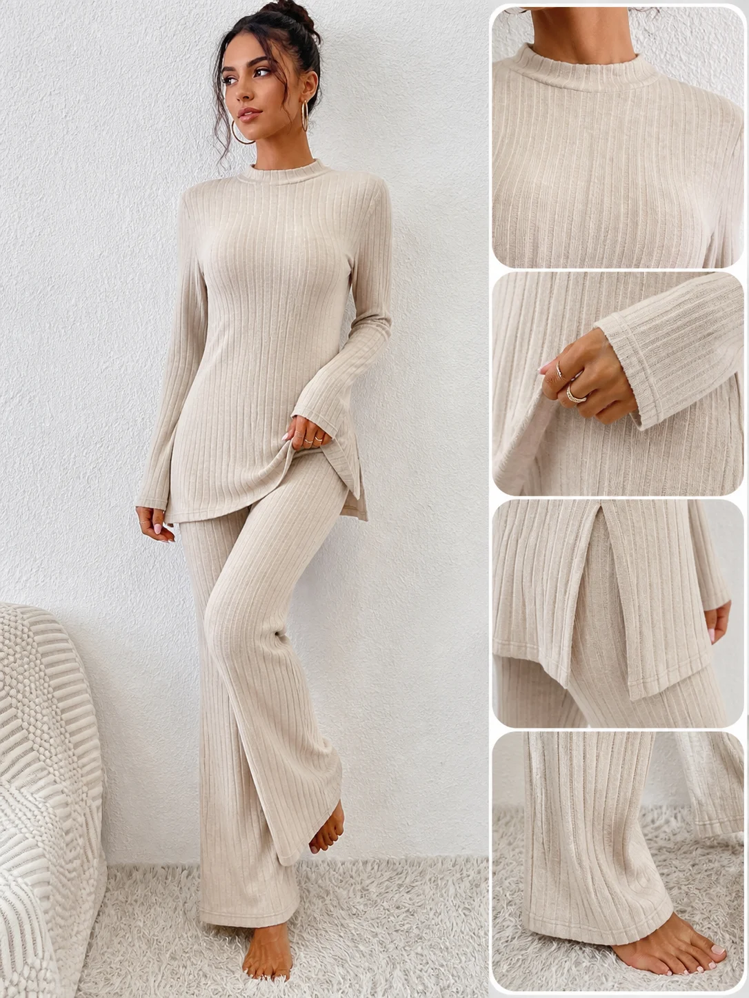 Women’s Casual 2 Piece Set, Crew Neck Long Sleeve Top and Flowy Pants for Weekend, Lounge and Street Style, Easy to Wear and Fig