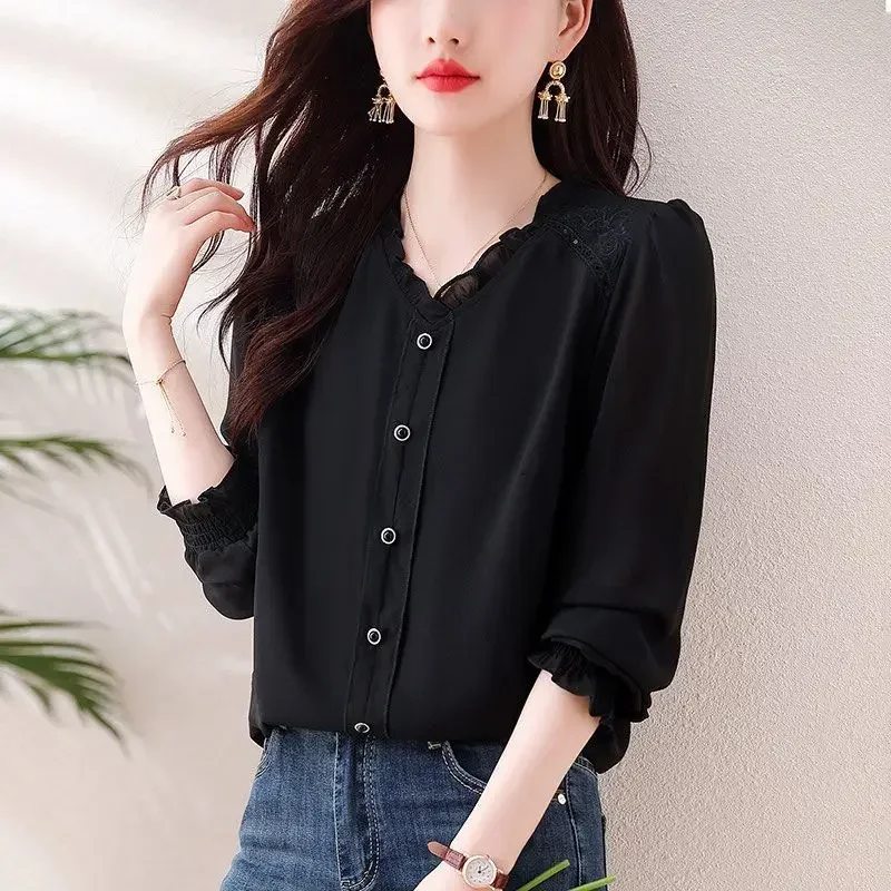 

Spring Autumn 2025 Solid Color Ruffled Neck Long Sleeve Shirt Women High Street Button Patchwork Cardigan Elegant All-match Tops