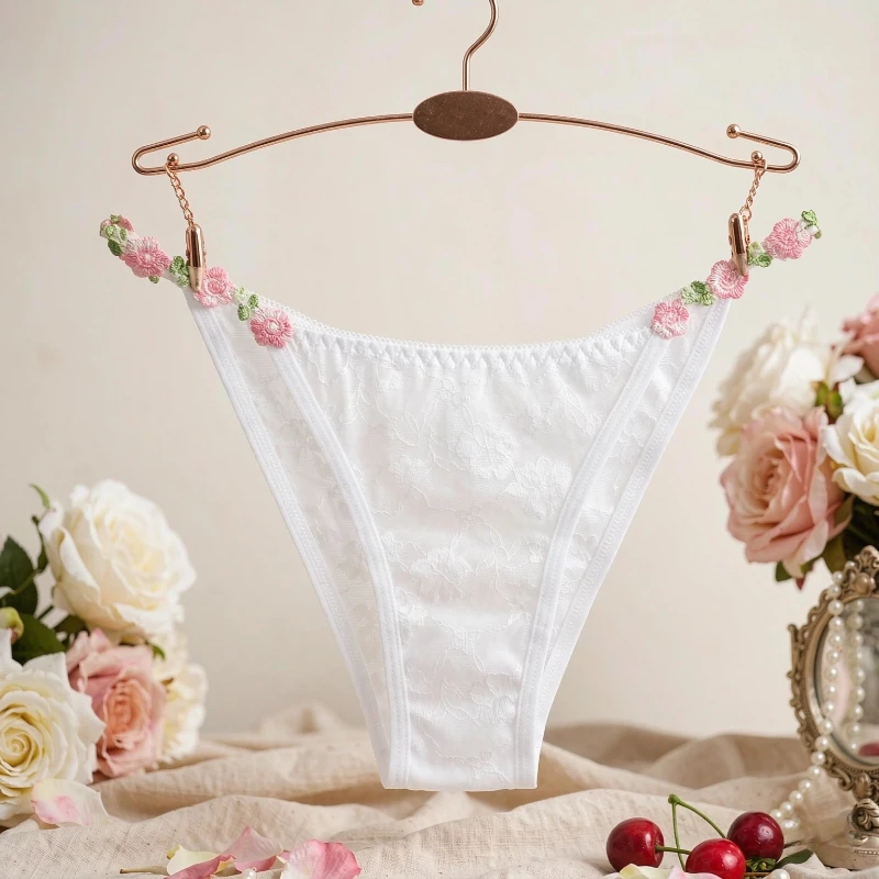 Bestickte Blumenspitze Damenunterwäsche Niedrige Taille Transparente Netz-Slips Romantische Blumendekoration Damen-Slips – Detail 2