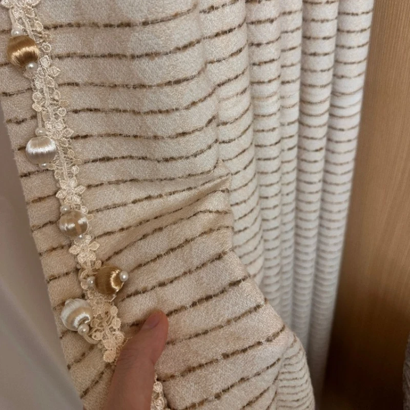 New Cotton Stripe Beige Jacquard Thickened Chenille Curtains for Living Room Bedroom French Window Customized Finished Products