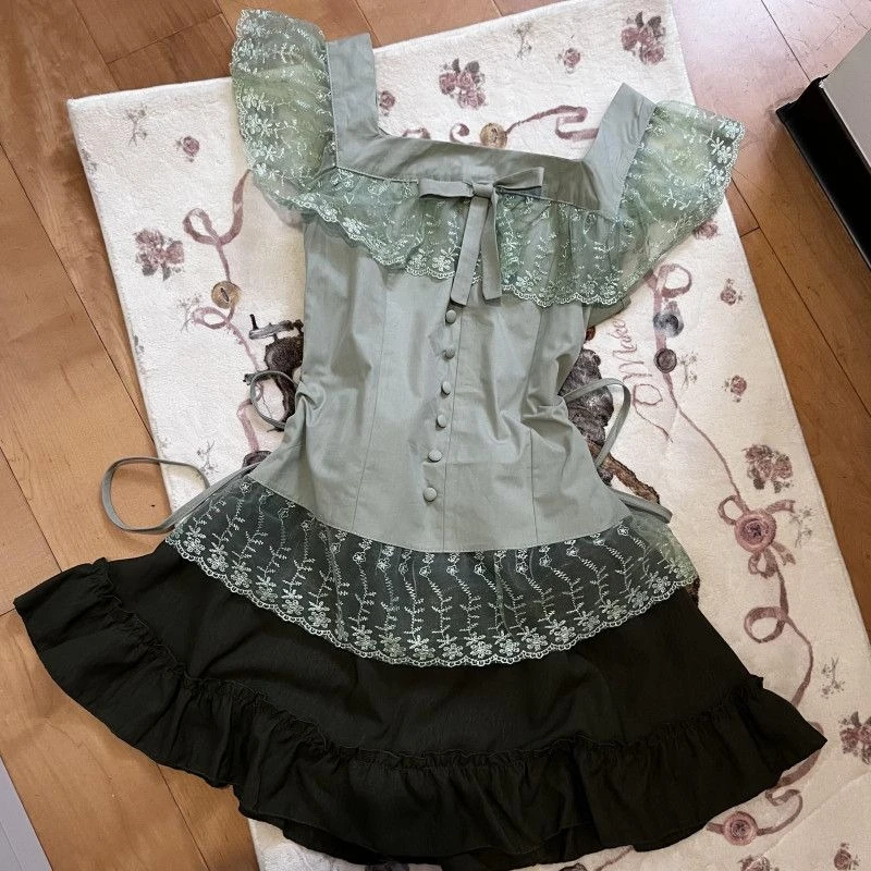 

Летний кружевной комплект из 2 предметов во французском стиле, женские топы с квадратным вырезом Y2k + юбка с эластичной резинкой на талии, женская повседневная одежда в стиле Хепберн в стиле ретро