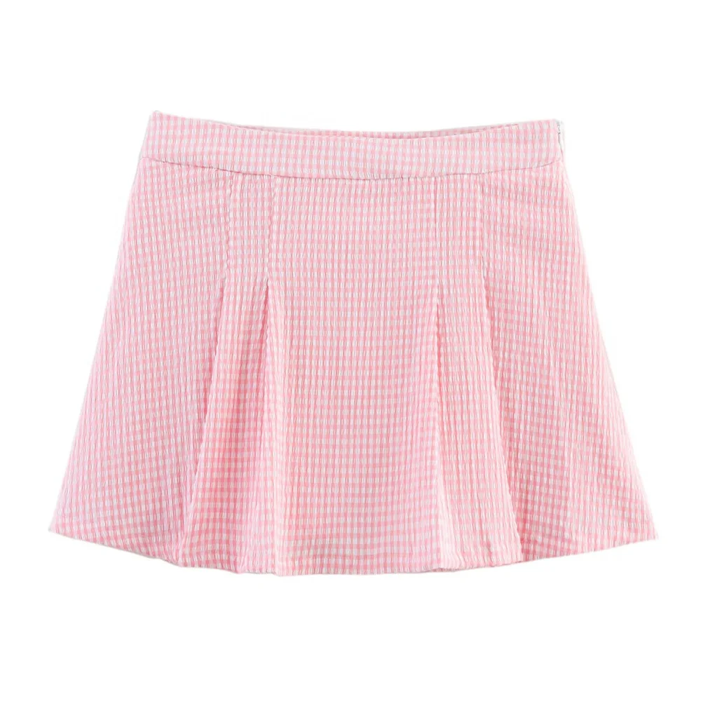 

Women's Summer New Style Stylish Versatile Side Seam Dark Zipper Closed Small Grid Folded Skirt Pants