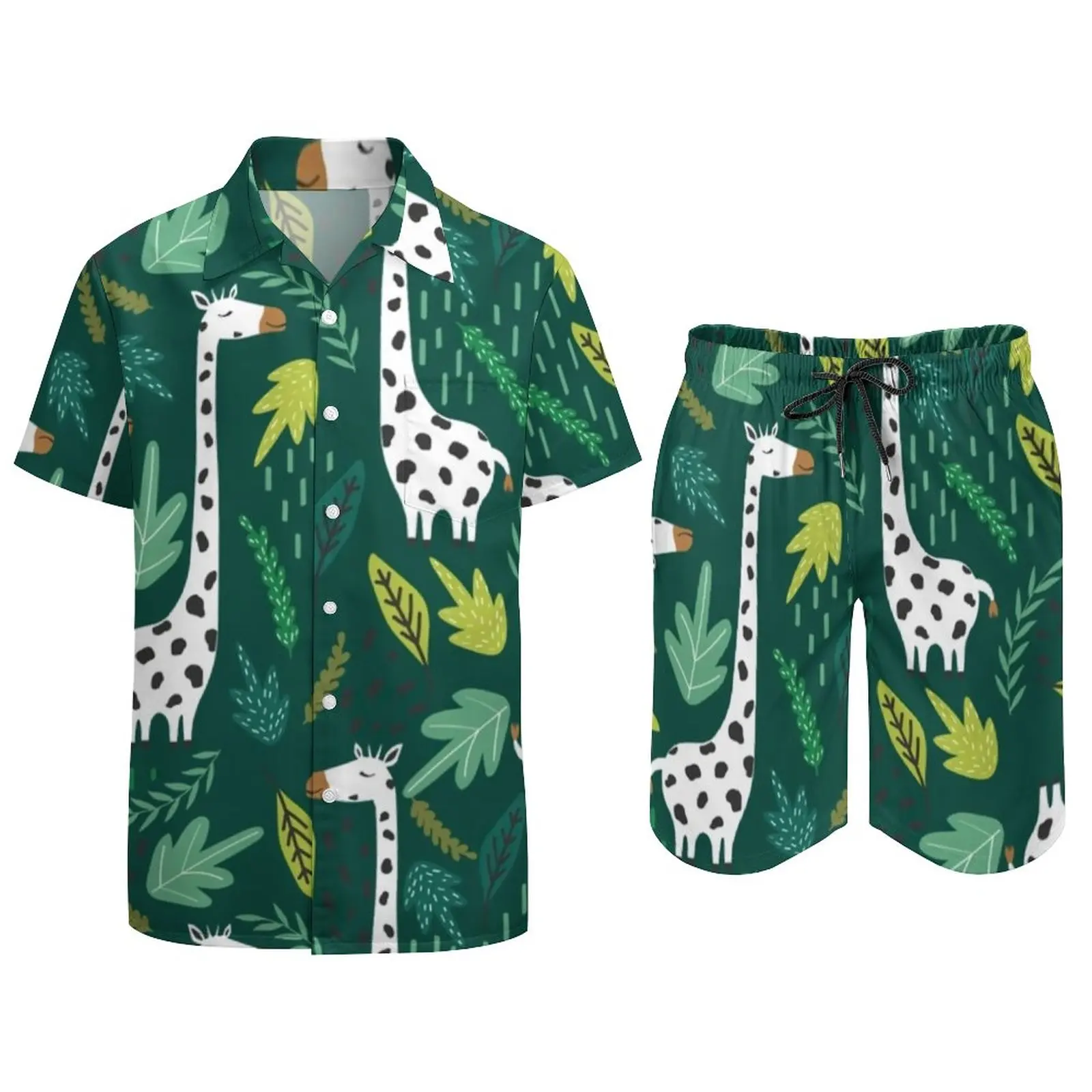 White Giraffe Vacation Men Sets Green Leaves Print Casual Shirt Set Summer Design Shorts Two-piece Trendy Suit Plus Size