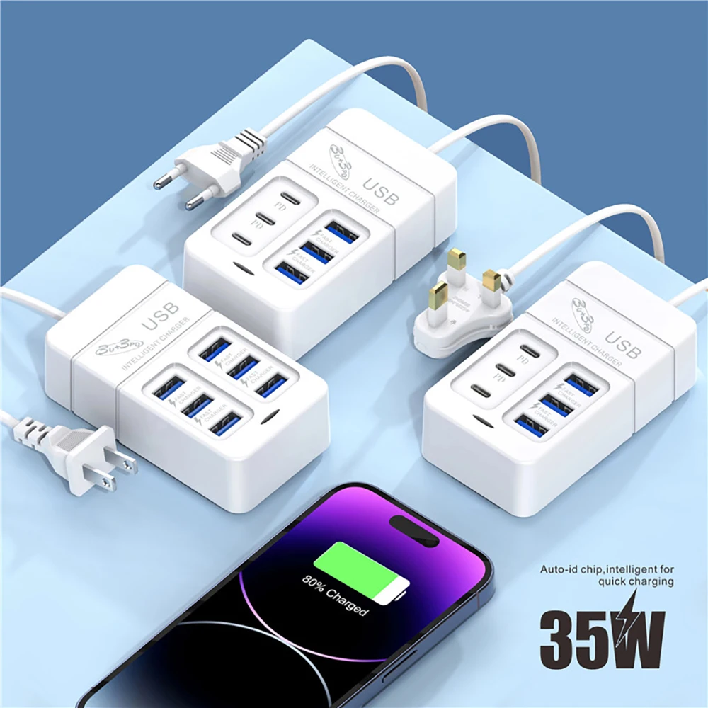 6 Ports 35W Fast Charging Charger 3 USB 3 Type C Desktop Multifunction Power Charger Adapter For Home Office School Travel Room