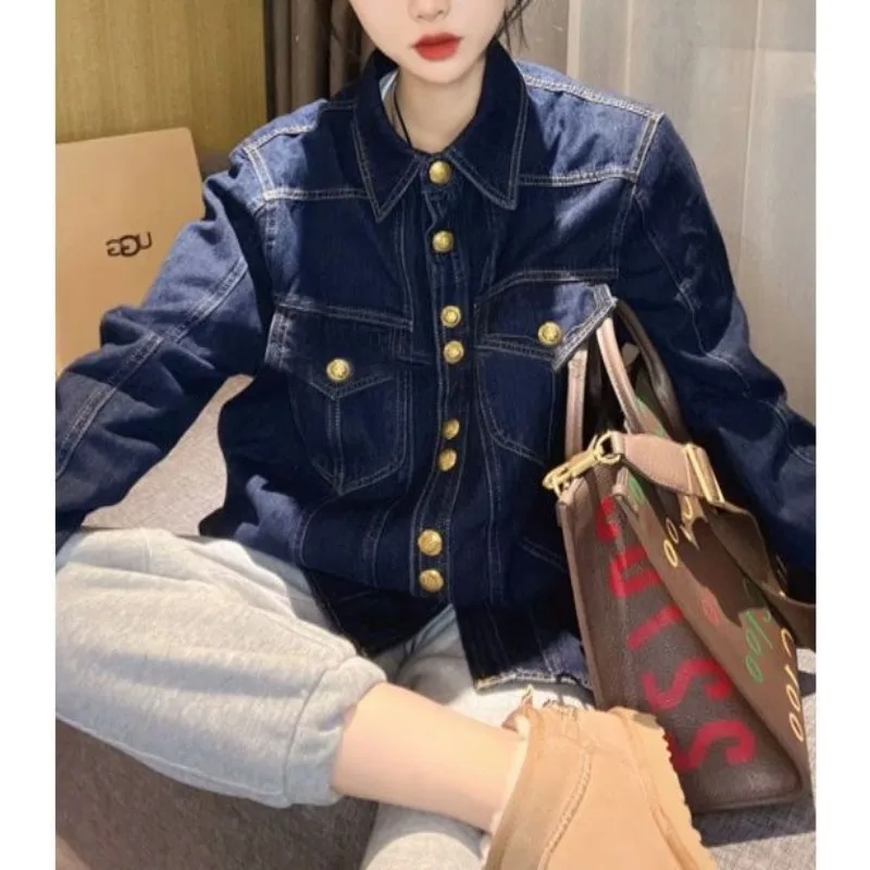 Women\'s Turn-down Collar Denim Shirt 2023 Spring and Autumn Vintage Cardigan Single-breasted Thick Korean Long Sleeved Blouse