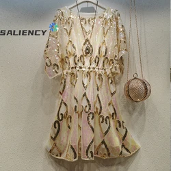 Round Neck Heavy Beaded Embroidery Sequins Bat Sleeve Party Elegant Dress Luxury Stage Performance Gowns Dress
