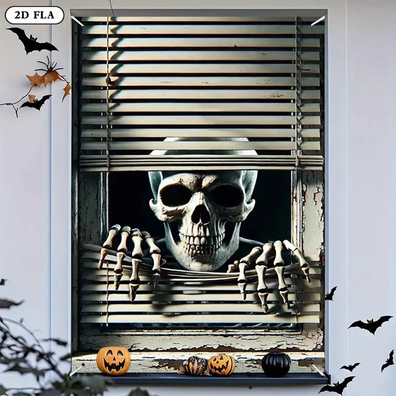 Halloween-Skelett, das aus dem Fenster schaut, Hintergrund, gruselige Knochendekoration, Spukhaus, Innen- und Außenbereich, Bar, Stand, gruselige Party-Requisiten.