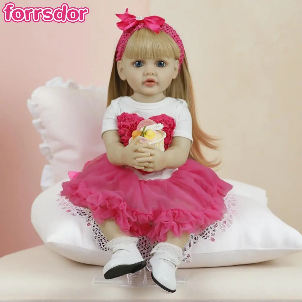 

55CM Full Soft Vinyl Body Reborn Baby Doll Toy Dress Up Long Hair Princess Toddler Doll with Pink Dress Suit Girl Birthday Gift