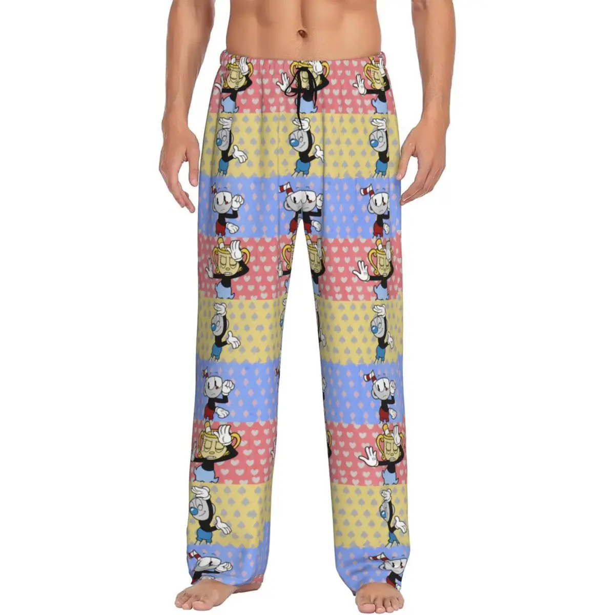 مخصص Cuphead و Mugman بيجامة السراويل الرجال أنيمي لعبة ملابس خاصة صالة النوم قيعان تمتد مع جيوب