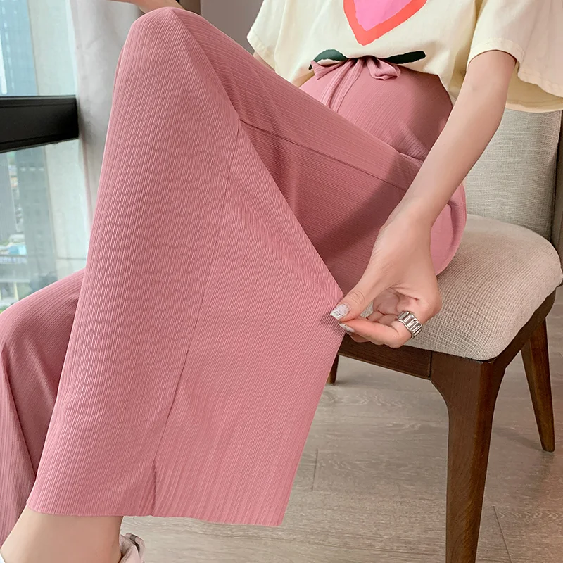 Maternity High Waist Abdomen Pants Wide Leg Loose Prenancy Full Length Belly Pants Summer Thin Cool Trouser For Pregnant Women