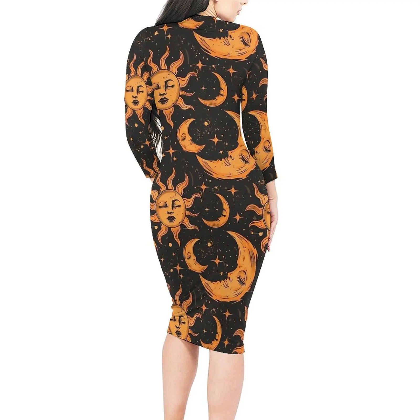 Abstract Sun And Moon Dress Long Sleeve  Sexy Dresses Summer Women Street Fashion Graphic Bodycon Dress Large Size