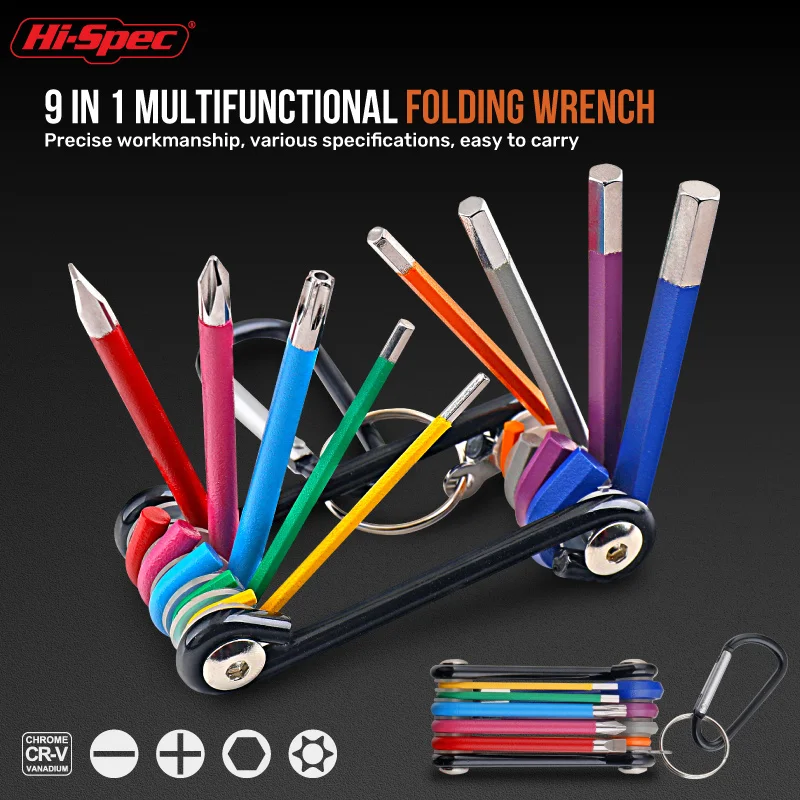 Hi-Spec 1pc Colorful Metal Metric Allen Wrench Set 9 In 1 Hex Screwdriver Allen Keys Portable Set H/T/PH Type Mini Spanner Set