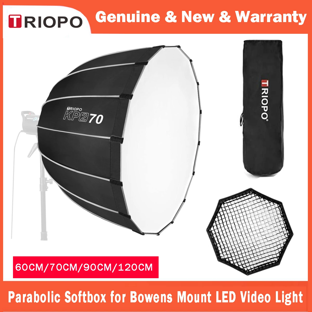 TRIOPO 60cm 70cm 90cm 120cm Parabolic Softbox Bowens Mount for Sokani X100 COLBOR Godox Aputure LED Video Light vs Godox QR-P