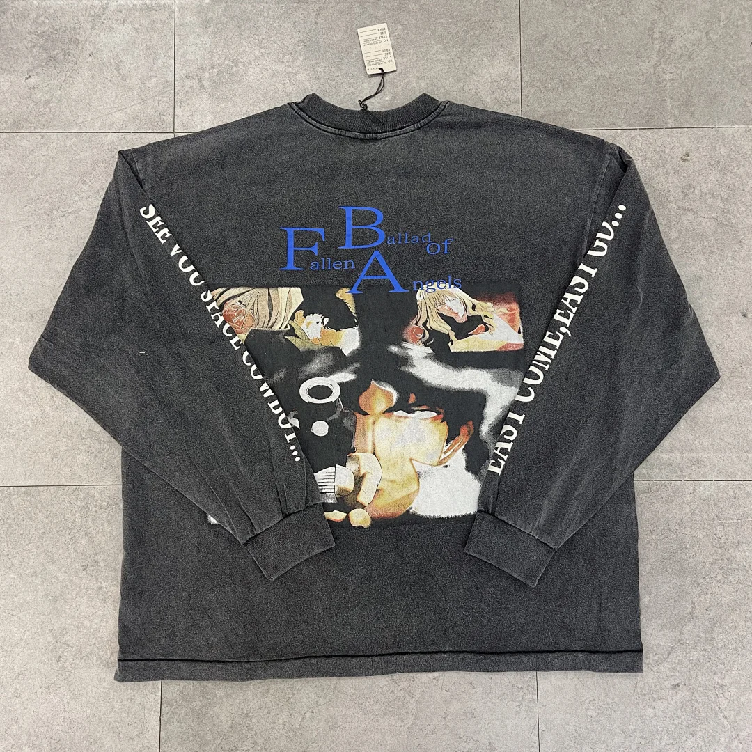 26ss SAINT Anime Co-brand Vintage Women Men washed distressed splatter long-sleeve layer T-shirt Oversize Men Cotton T shirt