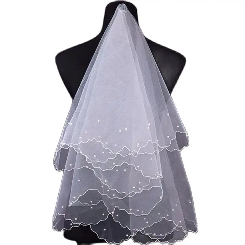 

Women Pearl Bridal Veils Wedding Dress Veil Layers Tulle Ribbon Edge Wedding Accessories