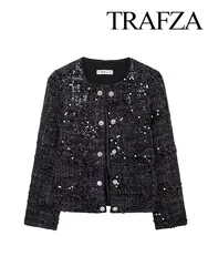 TRAFZA Autumn Fashion Women Jackets Black O-Neck Long Sleeves Sequins Double Breasted Decorate Female Streetwear Style Coats