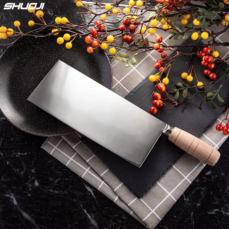 SHUOJI Top Quality Stainless Steel Kitchen Knives 4Cr14 Chinese Cleaver Knife High Hardeness Sharp Blade Wood Handle Cutter