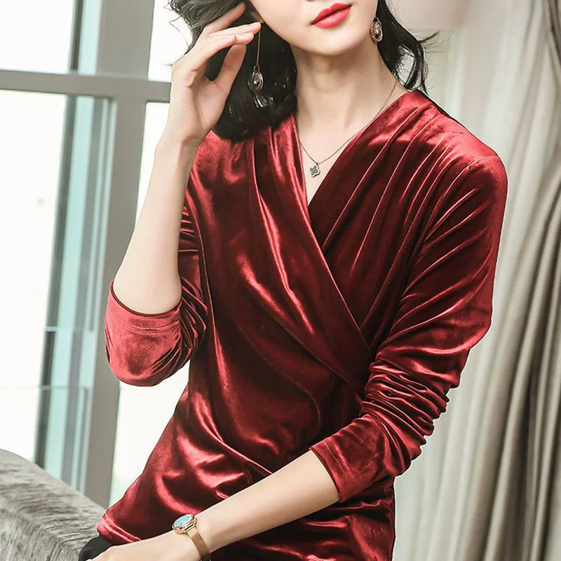 Elegant V-Neck Solid Color Folds Blouse Women\'s Clothing 2022 Autumn New Oversized Casual Pullovers Loose Office Lady Shirt