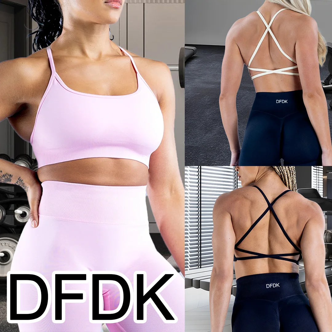 DFDK Beautiful Cross Back Yoga Bra Seamless Wirefree Shockproof Push Up Removable Padding Training Fitness Top
