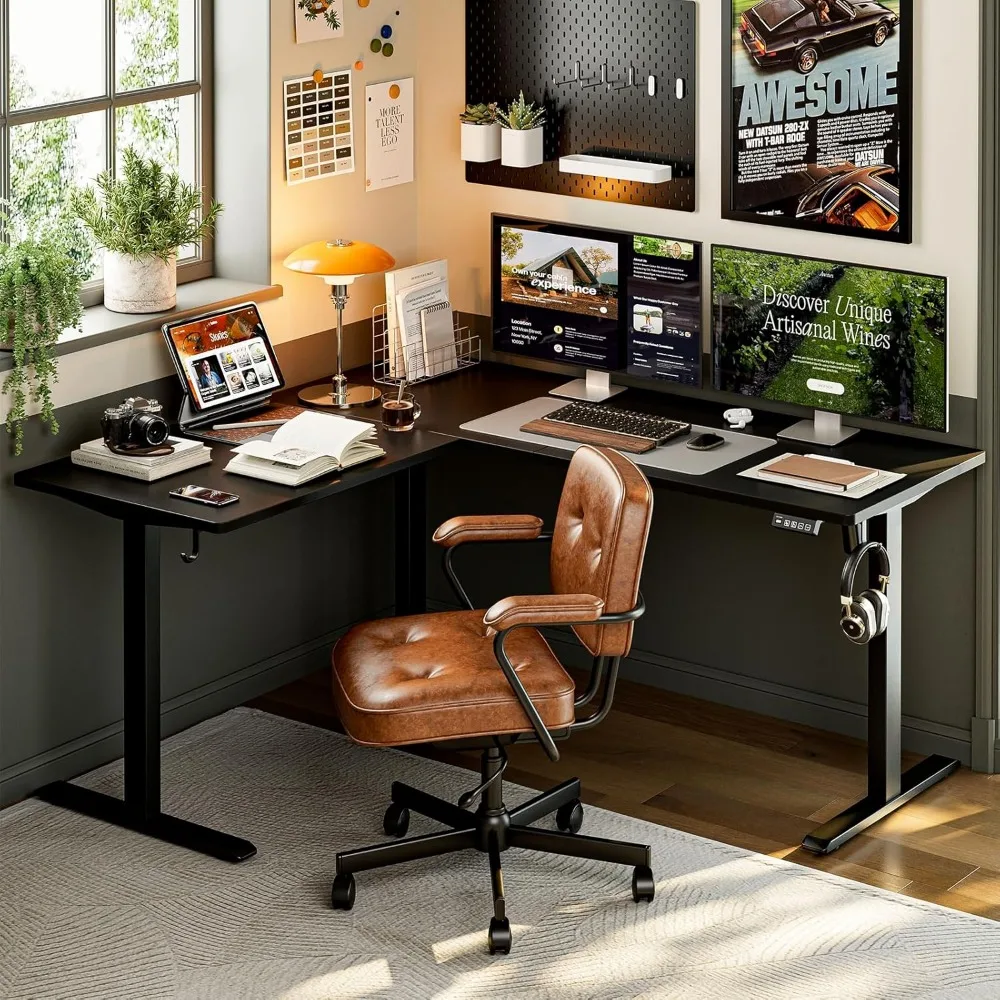 Electric Height Adjustable L-Shaped Desk, 63x55 Corner Stand-Up Desk for Home Office
