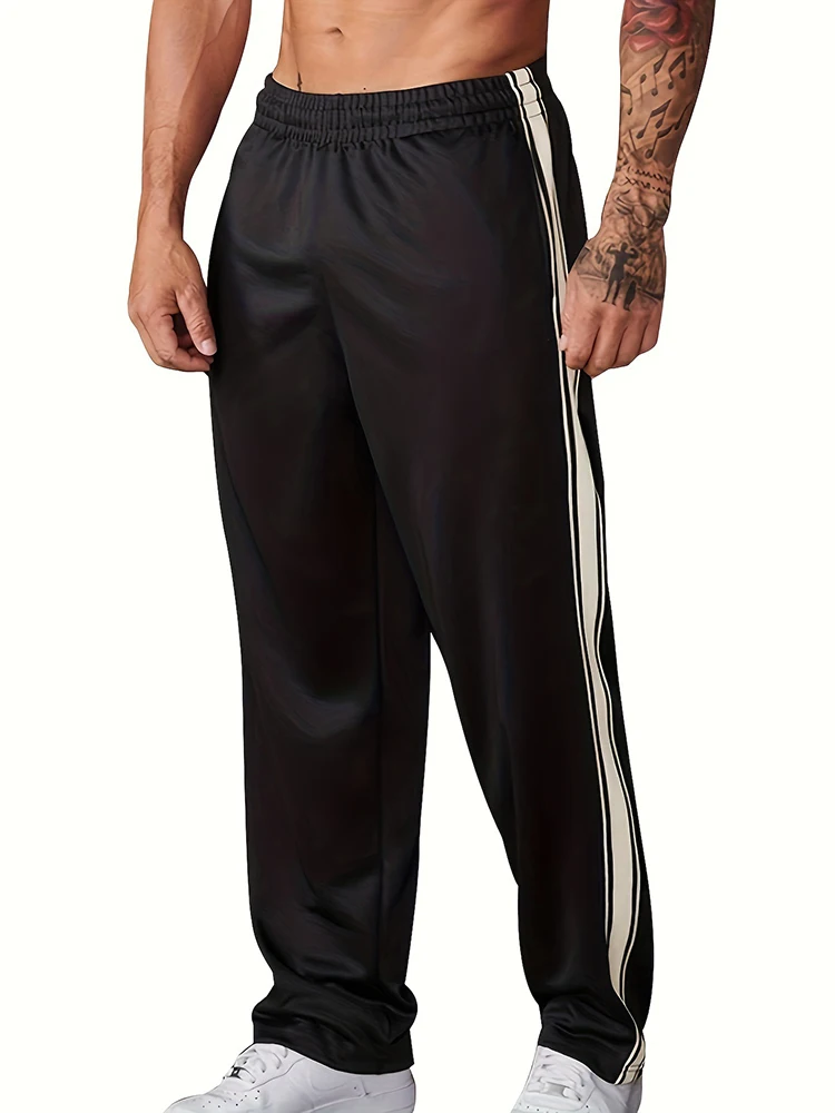 

Streetwear Mens Casual Pants Running Sports Fashion Side Striped Pants Spring Summer Vintage Drawstring Tie-up Loose Men Trouser