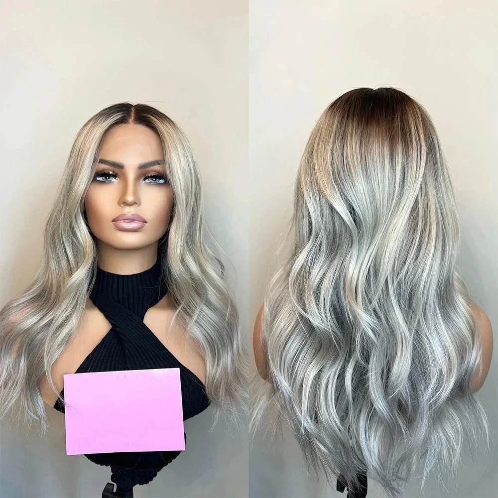 

Party Cosplay Wigs Ombre Ash Grey Blonde Highlights Synthetic HD Lace Front Wig Small Large Size Cap Natural Preplucked Hairline