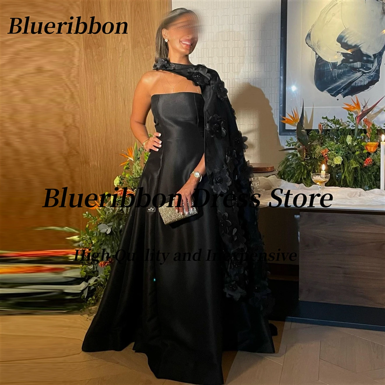 Blueribbon Women's Evening Dress Strapless Zipper Back Prom Dresses with Handmade Flowers Wraps Formal Occasion Party Gowns