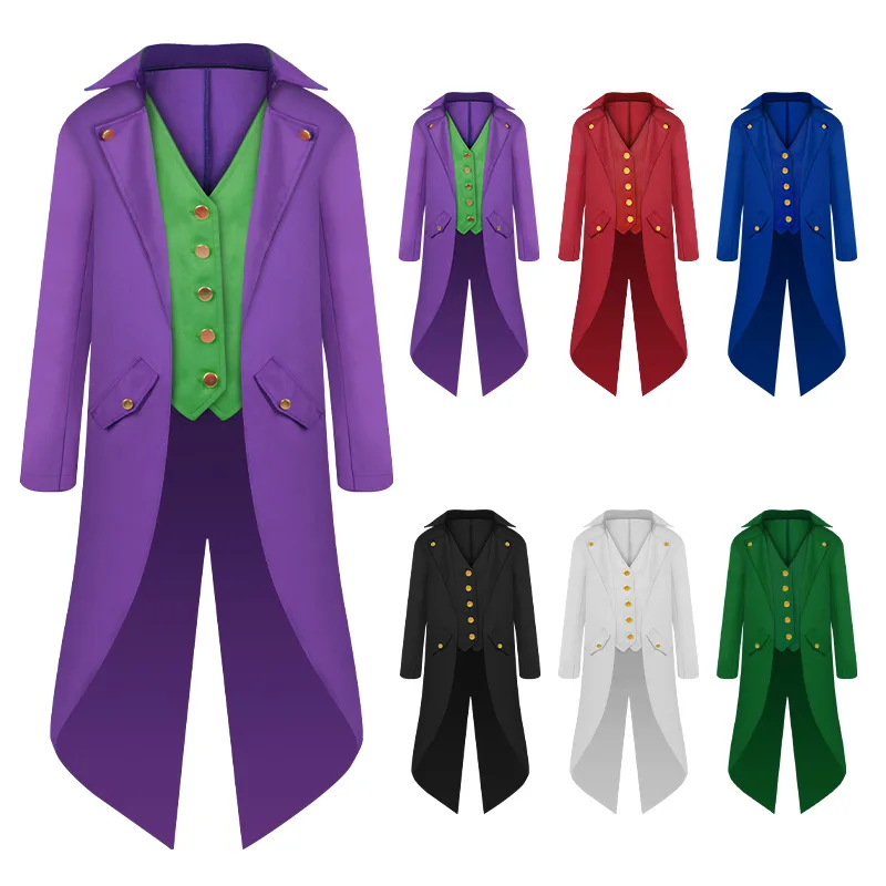 Movie Super Villain Costume Disguise Joker Cosplay Steampunk Gothic Medieval Tailcoat Jacket Vest Suit Adult Children Men Hallow