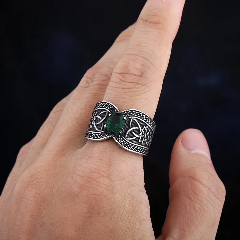 Fashion 316L Stainless Steel Nose Viking Celtic Knot Ring With Green Zircon Odin Amulet Scandinavian Jewelry For Couple Gift