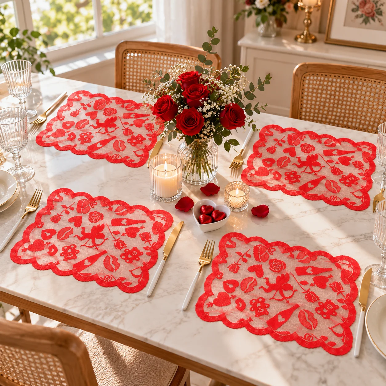 Valentine 4Pcs Red Lace Placemats, Hollow Cupid Rose Heart Design, Romantic Table Mats for Wedding Anniversary Dinner Decor