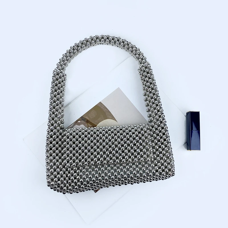 24 new niche design handbag bag silver imitation metal plating handmade glitter beaded bag is cool