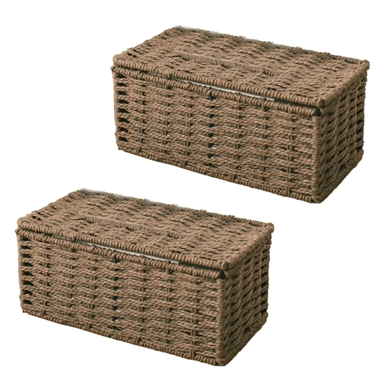 2X Rattan Tissue Box, Vintage Napkin Holder, Case Clutter Storage Container Cover, Living Room Desk Decoration (Coffee)