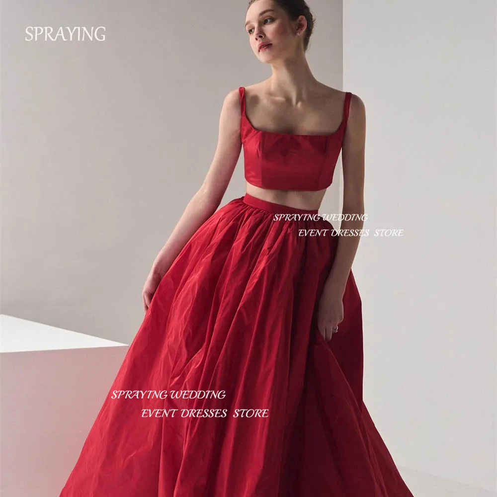 

SPRAYING Simple A-line Spaghetti Strap Taffeta Wedding Dresses Floor-Length Long Red Bridal Gown Women Puff Sleeve Photo Shoot