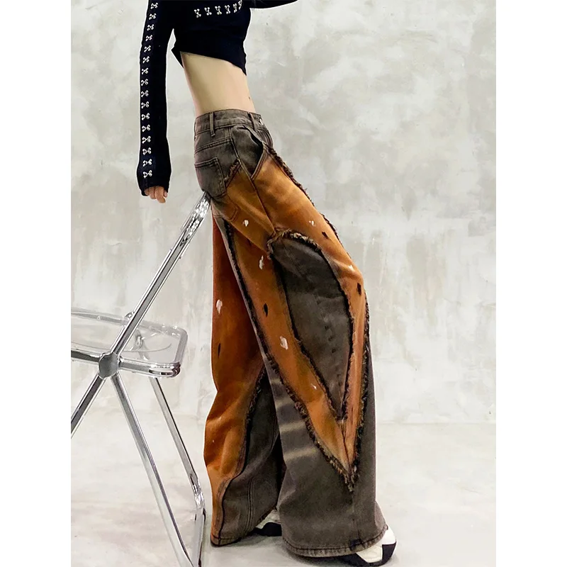 Y2K American Street Pants Women Wasteland Style Worn Wide Leg Autumn Erosion Damage Edging Jeans Fashion