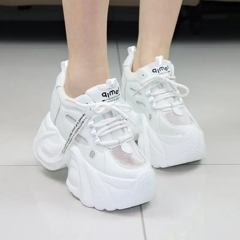 Ladies 10CM Platform White Sneakers Breathable Mesh Casual Shoes 12CM Elevator Thick Sole Dad Shoes