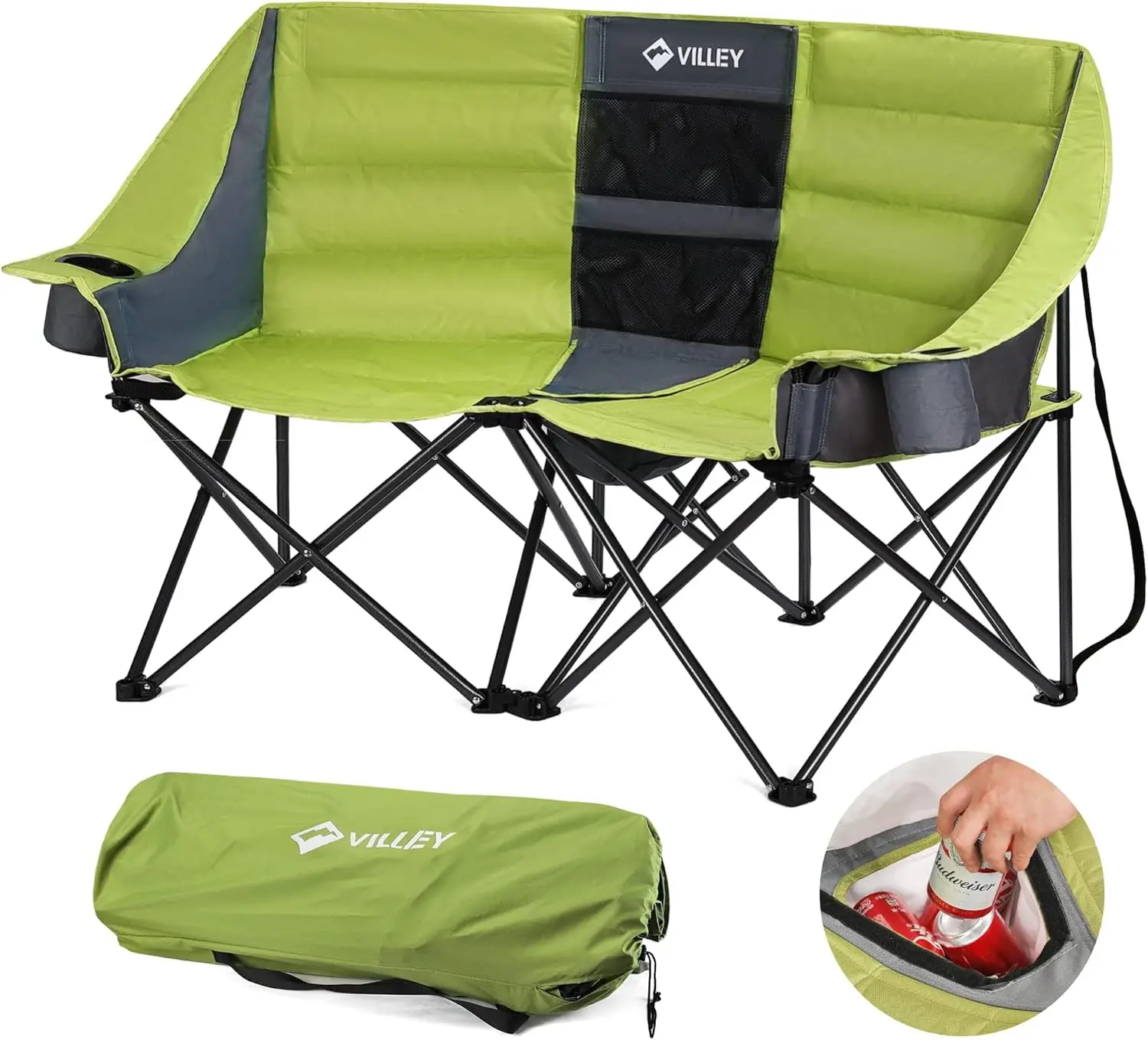 

Double Camping Chair w/Cooler Bag, Extra Wide Loveseat, Heavy Duty Padded Camping Couch, Portable Folding Chair w/Carry