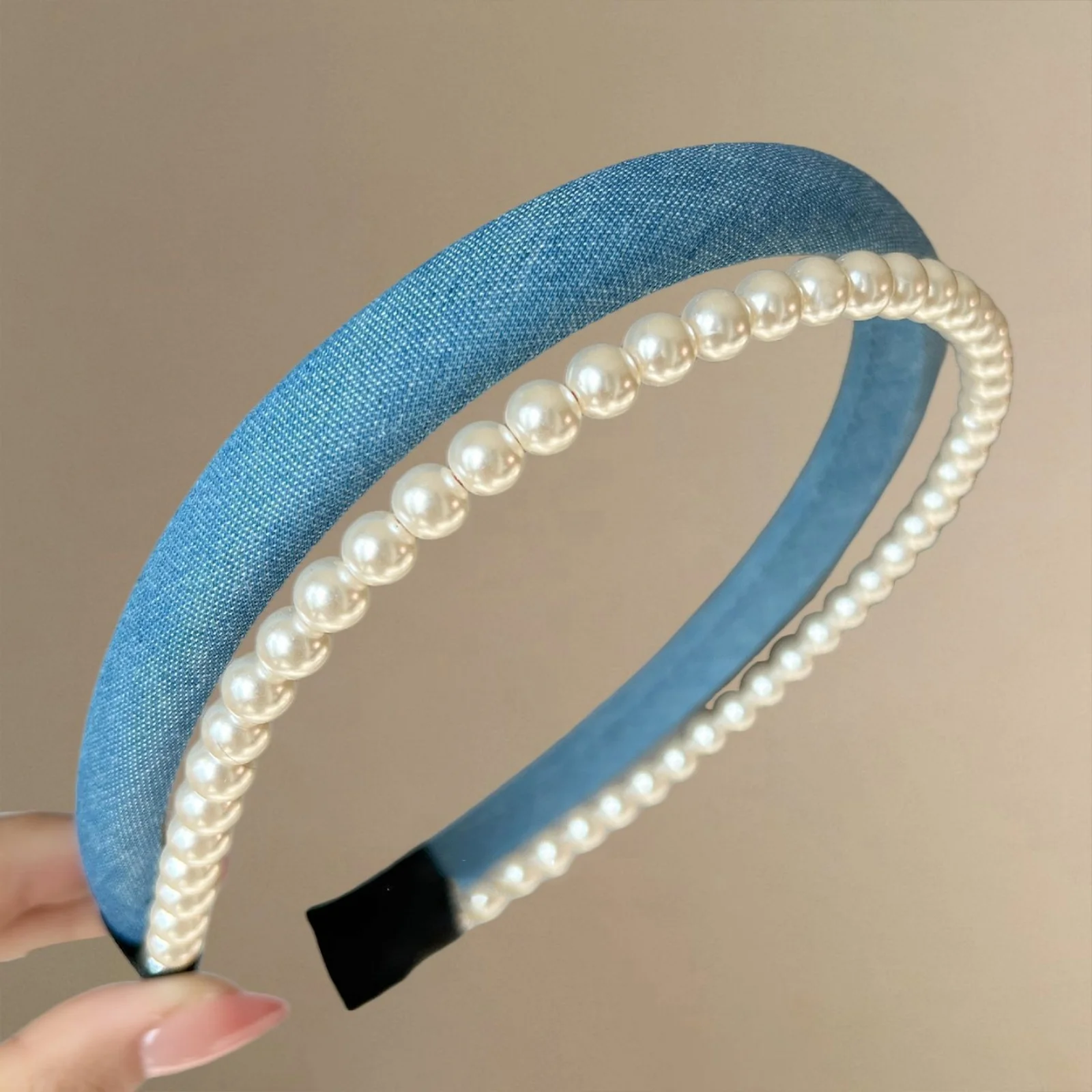 1-teiliges Retro-Denim-Doppelschicht-Perlen-Stirnband für Damen im neuen Stil, luxuriös, stilvoll, schick, geeignet für Hochsteckfrisuren, ideal für Herbstwinte – Detail 3