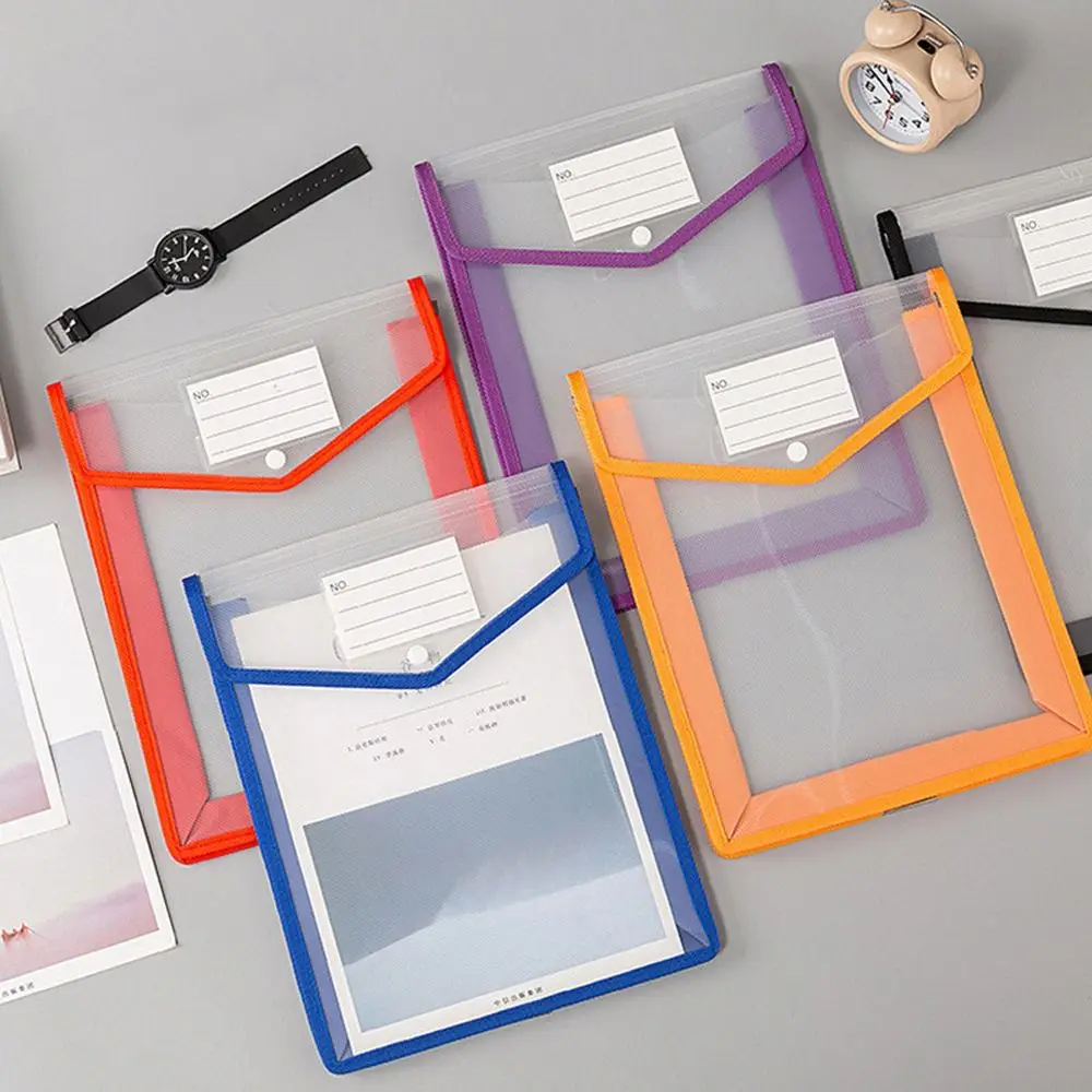 Organizador de documentos à prova d'água, A4 File Bag, Grande Capacidade, Estéreo, Vertical, Pressione o botão, Transparente, De volta à escola