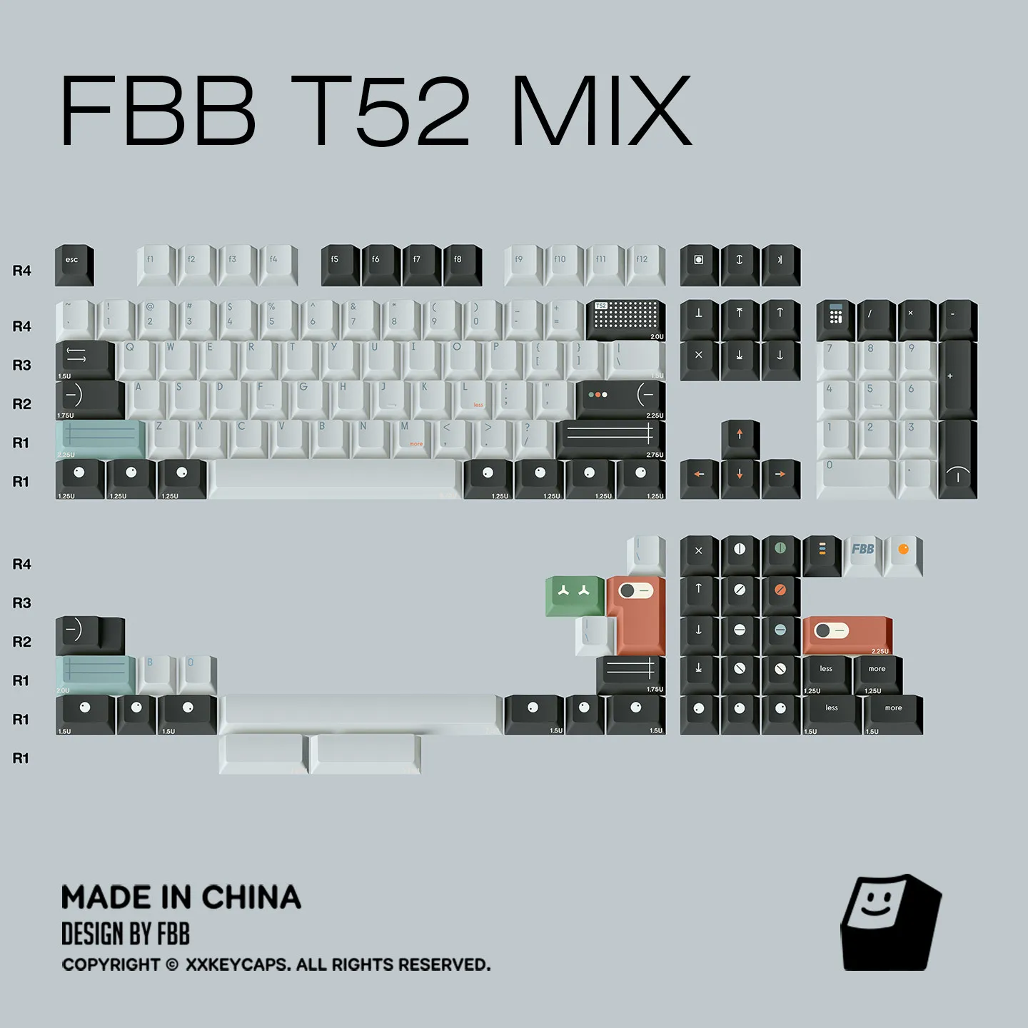 

FBB Keycaps T52 MIX Style Cherry Profile Mechanical Keyboard Keycap for 60%, 75%, 80%, 96%, 100% Diy Kit 1.7mm Thickness