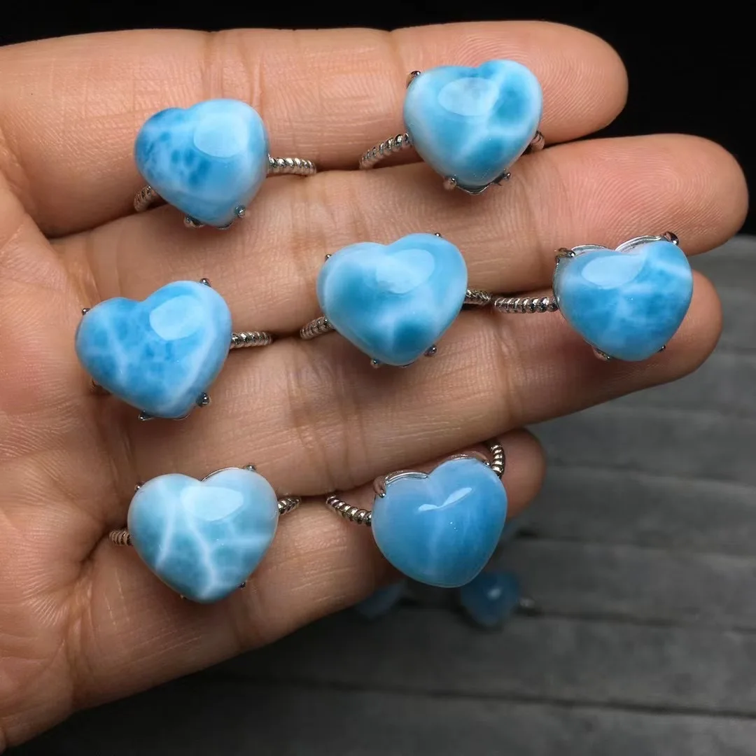 

1Pc Fengbaowu Natural Dominican Republic Larimar Heart Ring 925 Sterling Silver Reiki Healing Stone Jewelry Gift For Women