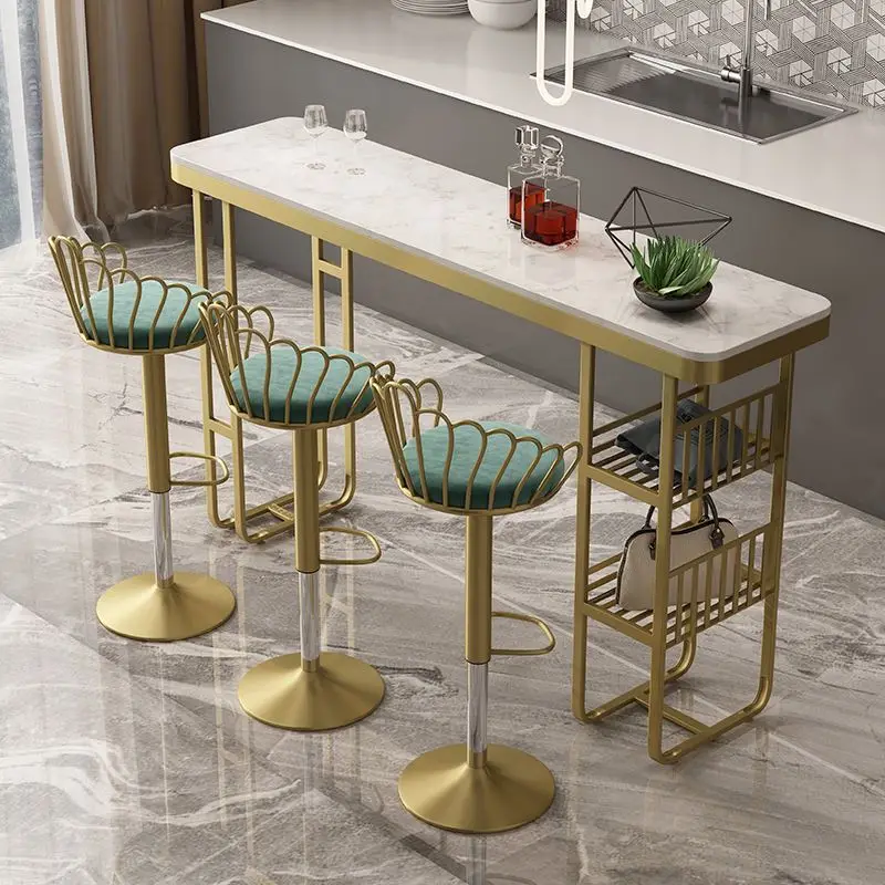 

Household high table and chair combination modern design wrought iron bar coffee milk tea marble lifting rotating bar chair