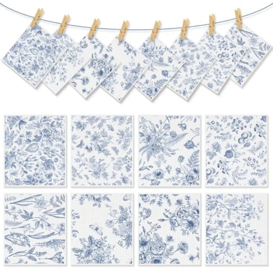

8 шт. синие и белые шведские кухонные полотенца, сине-белая ткань с цветочным принтом для кухни, многоразовая быстросохнущая тряпка для весны