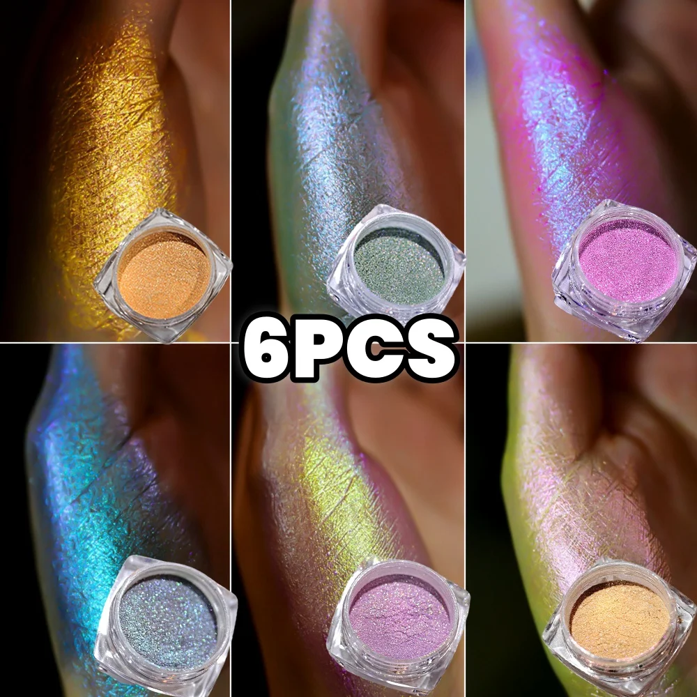 6 Stücke Chamäleon Effekt Nagel Pulver Staub Ultra feine Reiche Glänzende Pigment Meerjungfrau Spiegel Chrom Für DIY Nail art y2k Dekoration