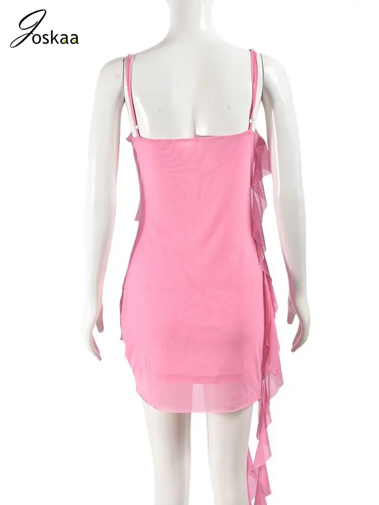 Joskaa Sexy Mesh Rüschen Band Urlaub Kleider Frauen Hipster Spaghetti Strap V-ausschnitt Rückenfreies Schlank Geburtstag Kleid 2024 Clubwear