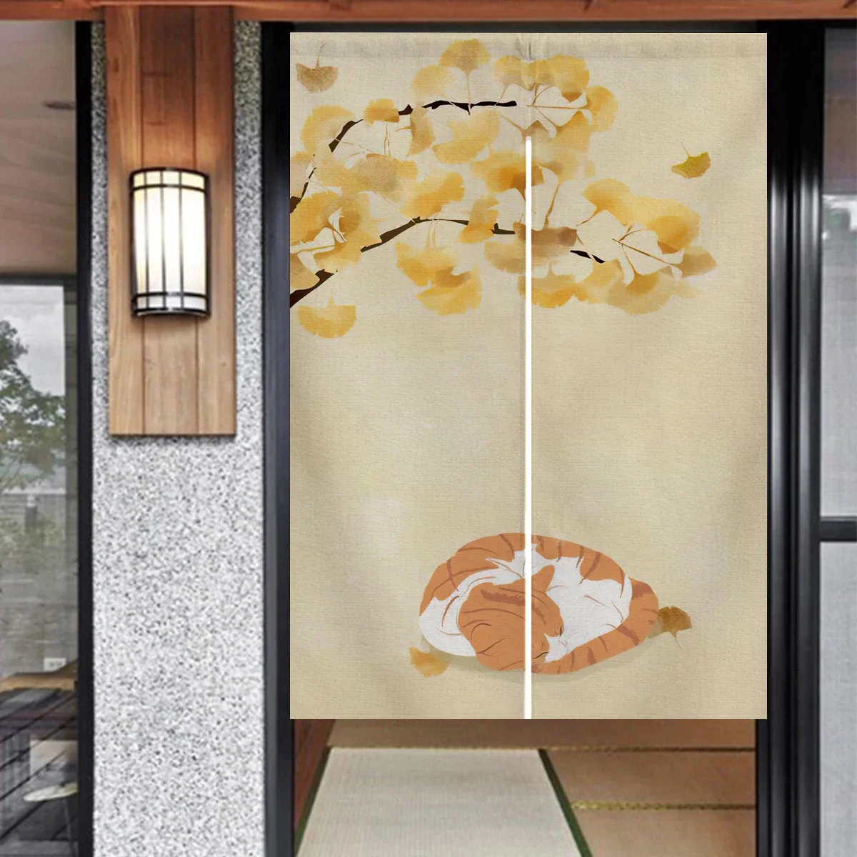 Ofat Home Sleeping Cat Under Tree Door Curtain Nature Scene Doorway Curtain Japanese Noren Home Decor Hanging Curtain Panel